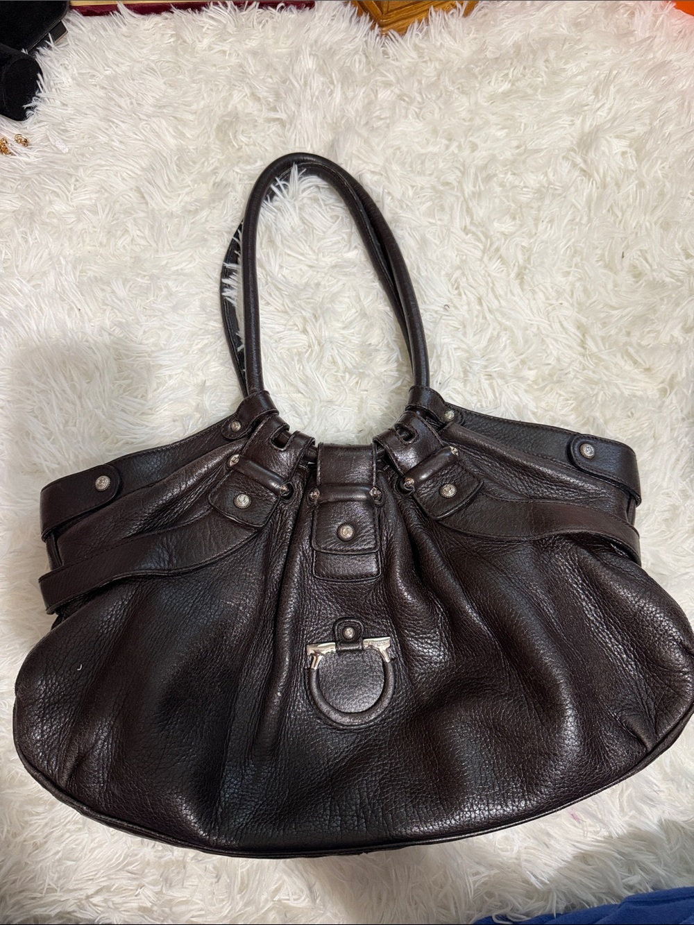 Salvatore Ferragamo Dark Brown Pebbled Leather Shoulder Bag